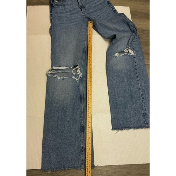 ZARA Womens Wide Leg Jeans Blue Denim High Rise Distressed Ripped Knee  Trendy 4 - Picture 6 of 8